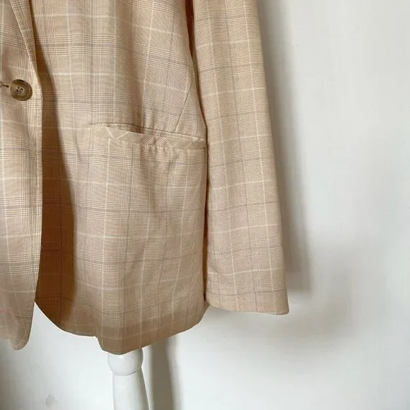 UNIQLO WOMEN'S LIGHT BEIGE WHITE BLUE PLAID SINGLE BREASTED SLOUCHY BLAZER - M - Picture 5 of 10